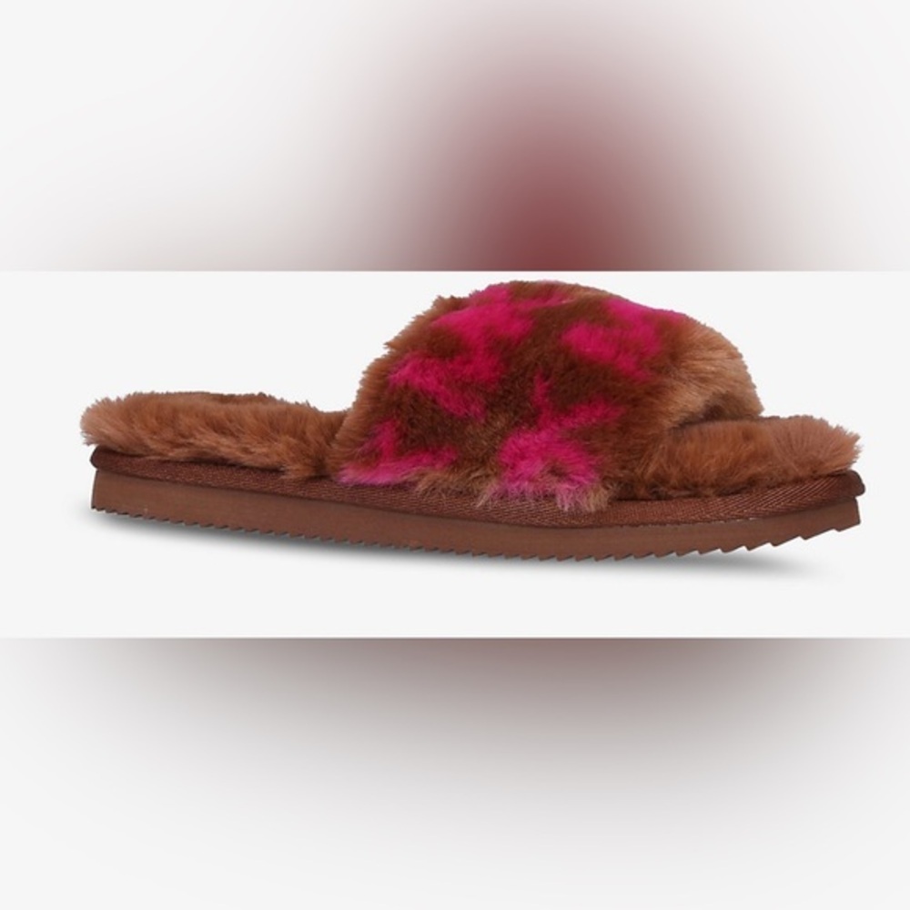 MICHAEL KORS Janis logo brown & pink logo faux-fur platform slides size 10 new